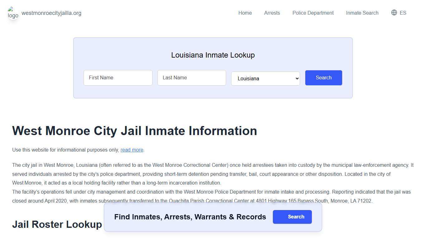 West Monroe Jail, LA Inmate Roster, Municipal Jail Info